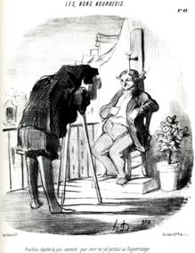 Honoré Daumier: „Position réputée la plus commode pour avoir un joli portrait au Daguerréotype“, aus der Serie „Les bons bourgeois“ in der Zeitschrift Le Charivari, 24. Juli 1847