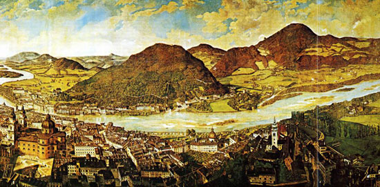 Johann Michael Sattler, Friedrich Loos, J. Schindler: Panorama von Salzburg, 1828