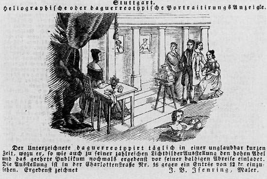 Verwendung von sechs Kameras im Atelier des Wanderdaguerreotypisten Johann Baptist Isenring in Stuttgart, Anzeige in der Schwäbischen Chronik, Mai 1841