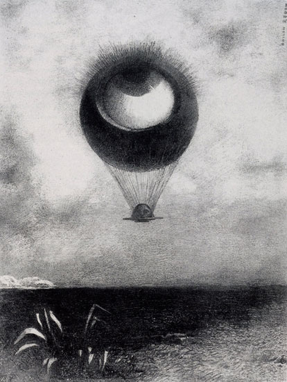 Odilon Redon: „Das Auge strebt wie ein seltsamer Ballon zum Unendlichen hin“, Blatt 1 der Folge „Für Edgar Poe“, 1882